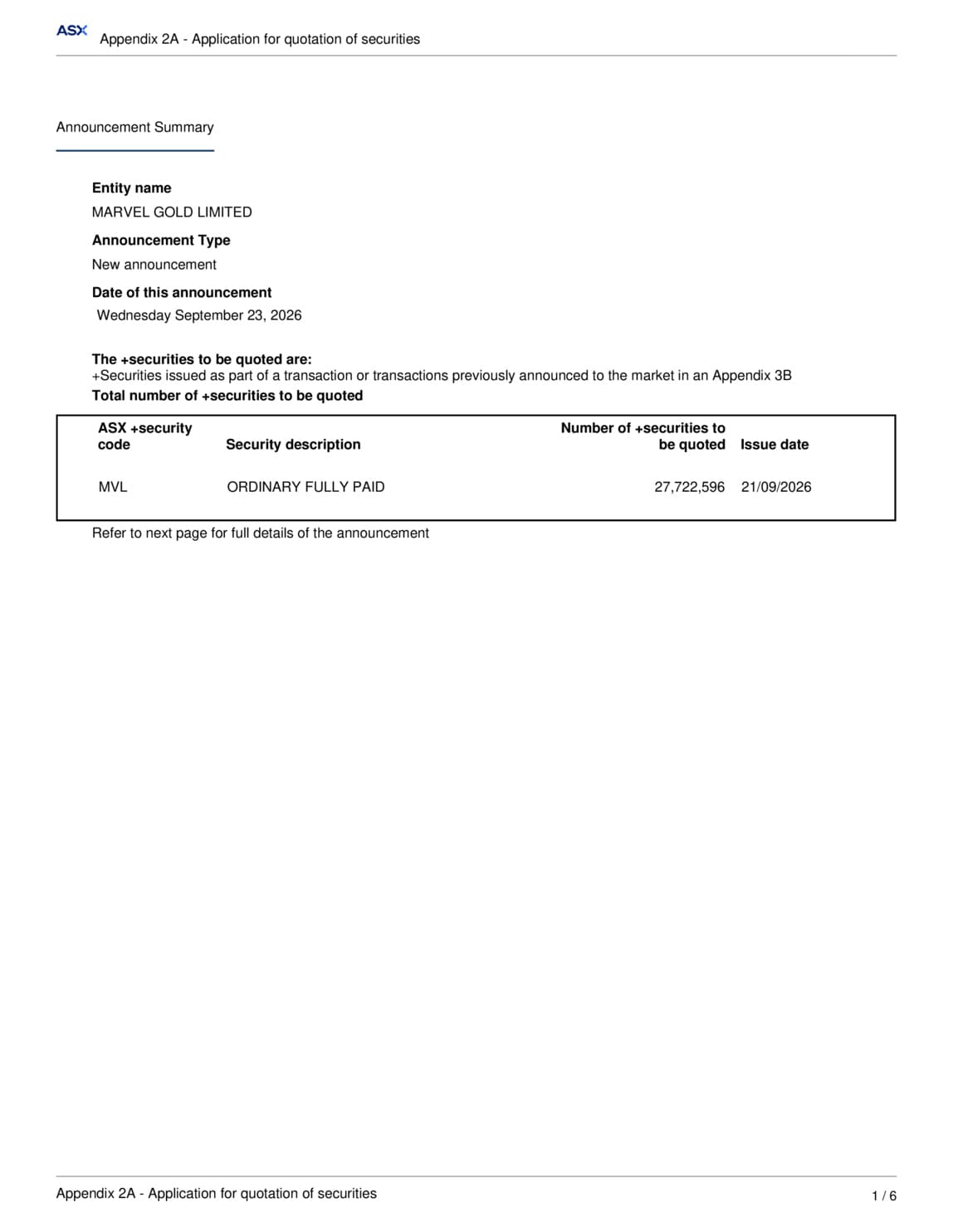 Application for quotation of securities - MVL